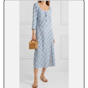 RIXO Giselle Light Blue and White Checkered Midi Dress